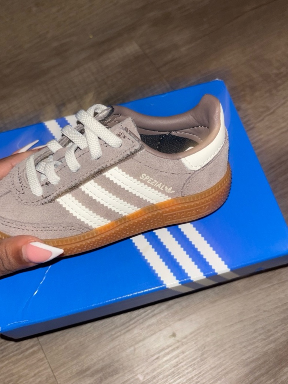 adidas Kids Spezial Suede Sneaker in Taupe with White Stripes and Gum Sole